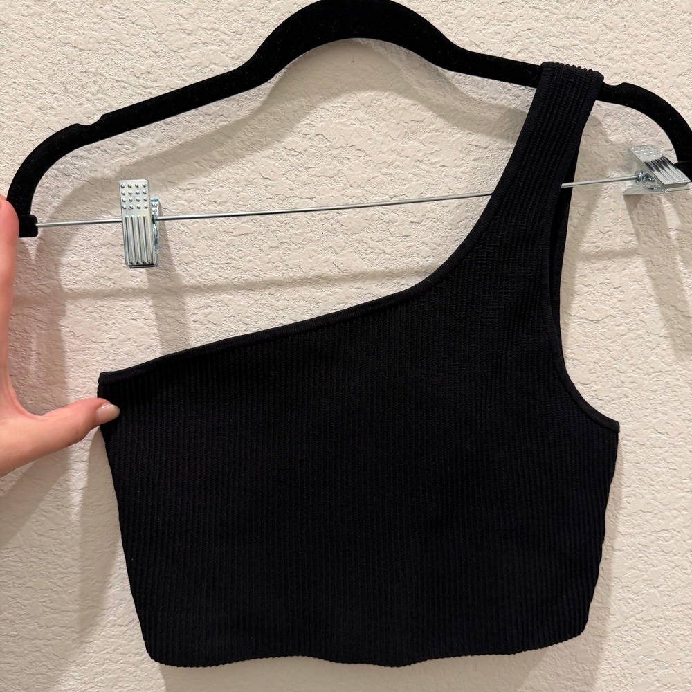 Babaton Sculpt Knit One-Shoulder Top Black Ribbed Crop Tank Large